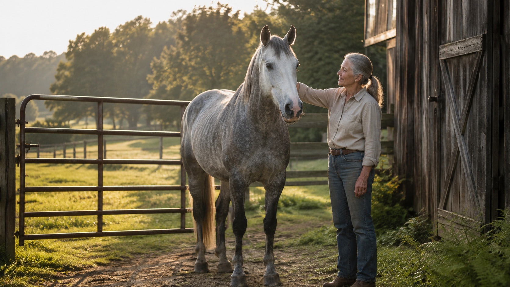 Senior horse sharing a quiet pasture moment with its owner