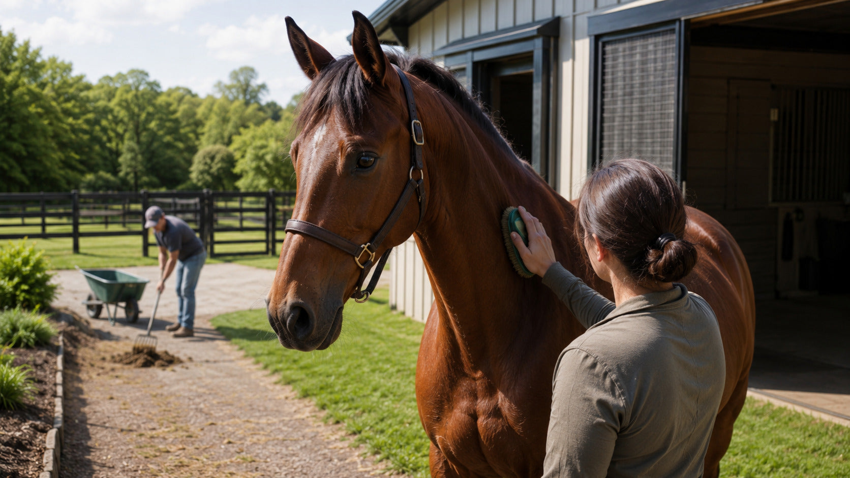 Horse owner preparing an outdoor barn routine before turnout in fly season