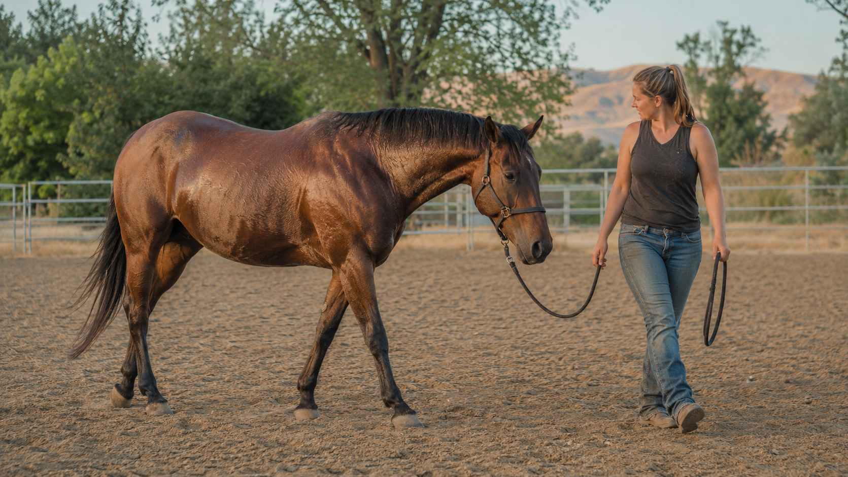 Rider hand-walking a horse during a calm post-work cool-out