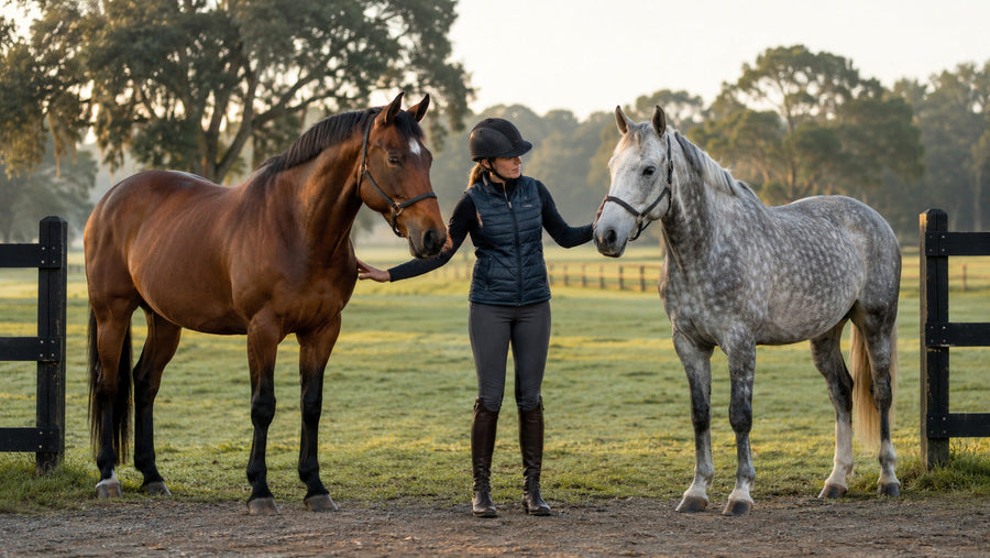 Rider comparing the condition of two different horses