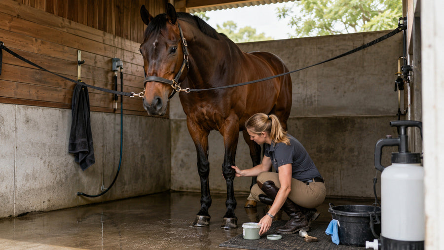 Horse owner preparing a clay-brace routine at a working wash rack