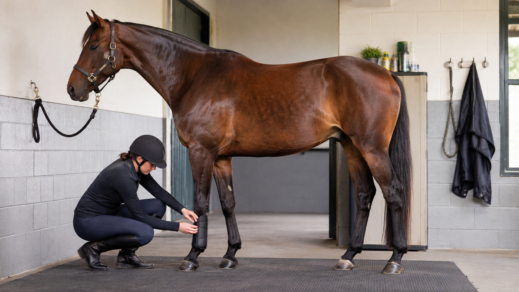 Rider inspecting protective boot fit on a horse’s lower leg