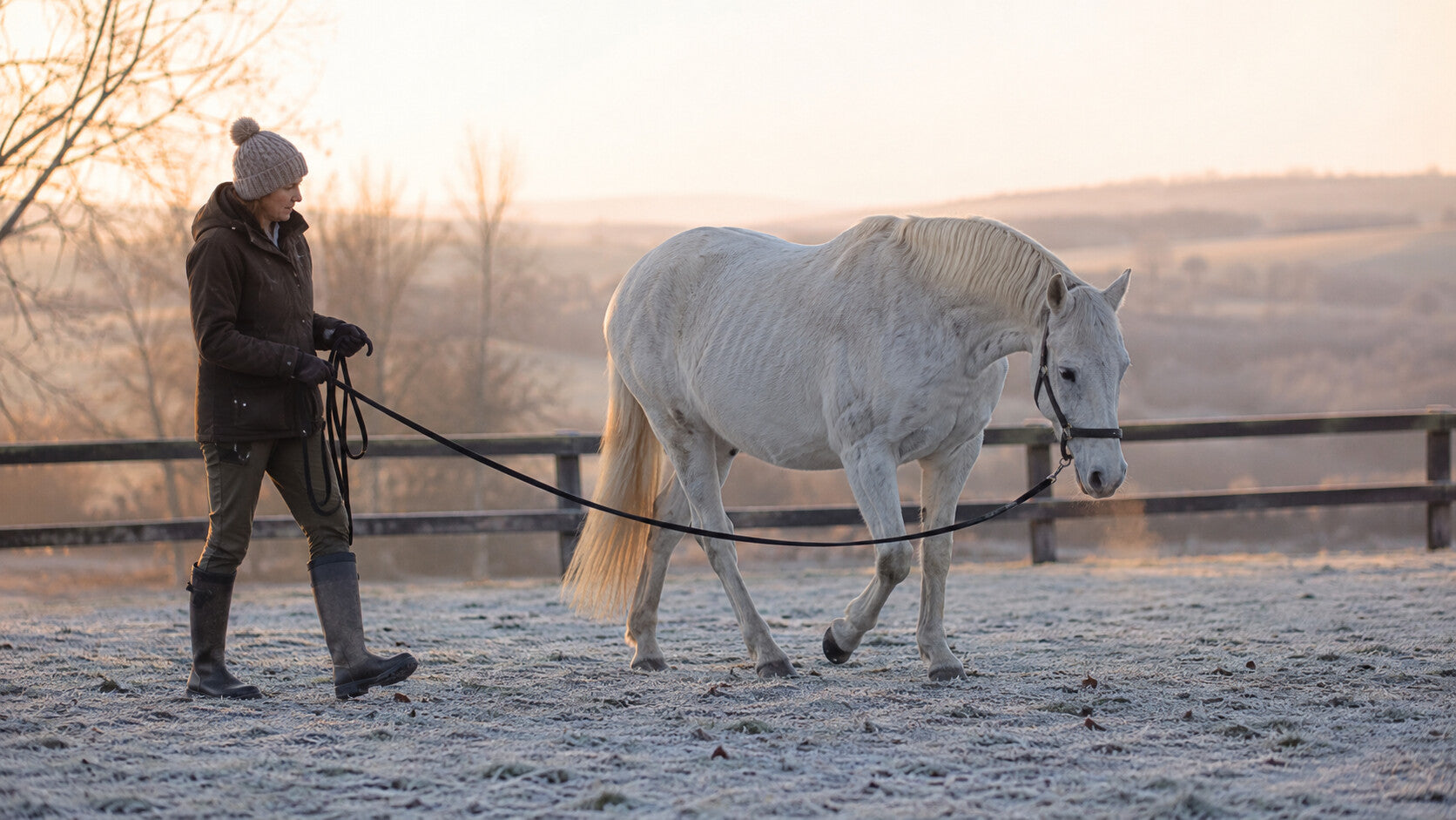 Handler observing a senior horse’s first steps on a frosty morning