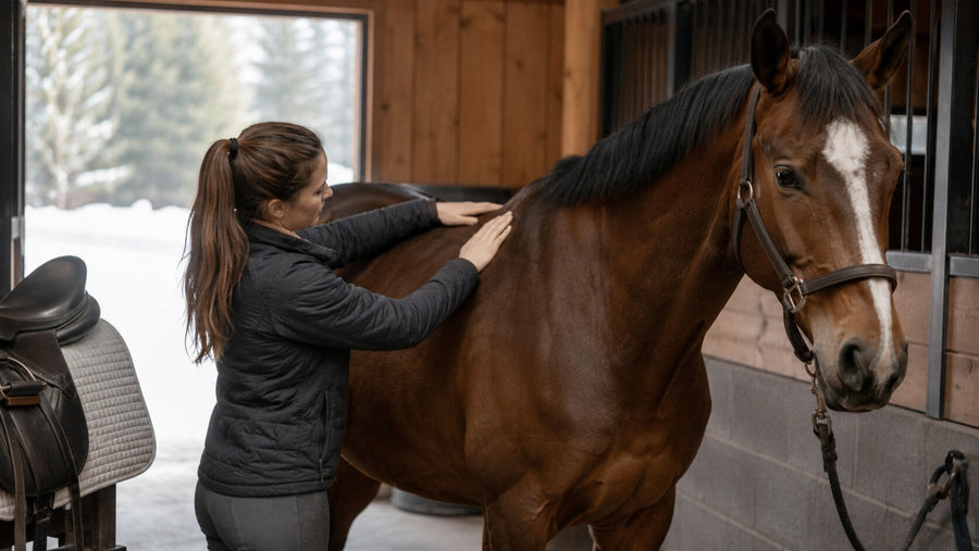 Horse owner checking the topline before saddling in winter