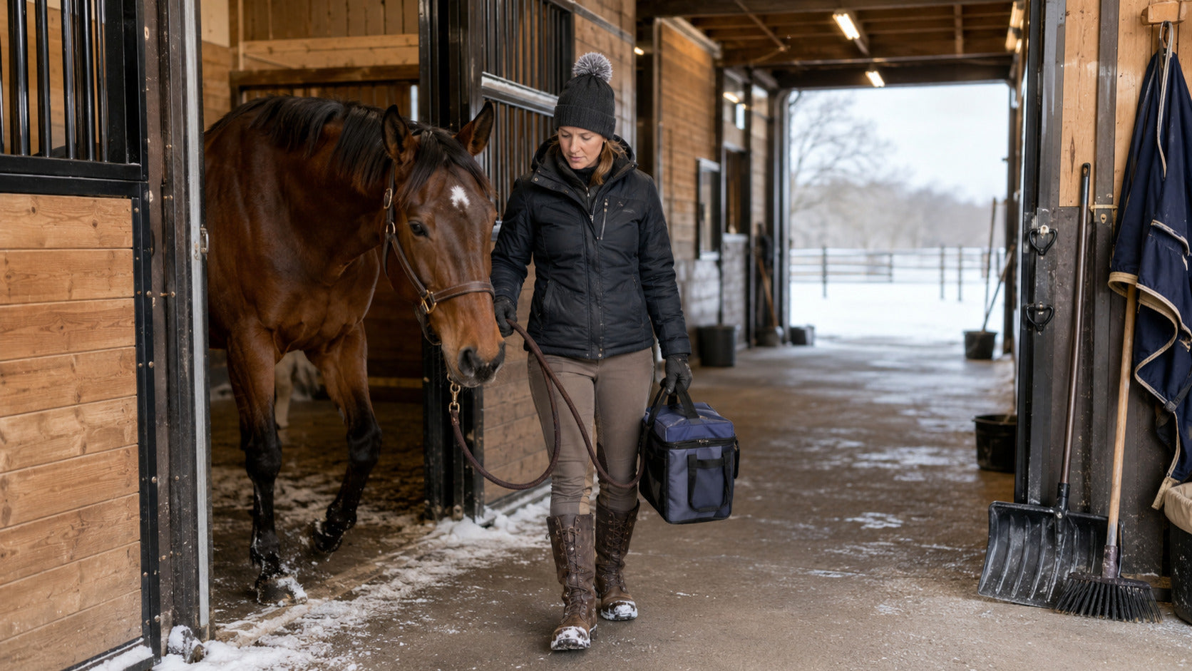 Caretaker leading a horse through a working winter barn routine