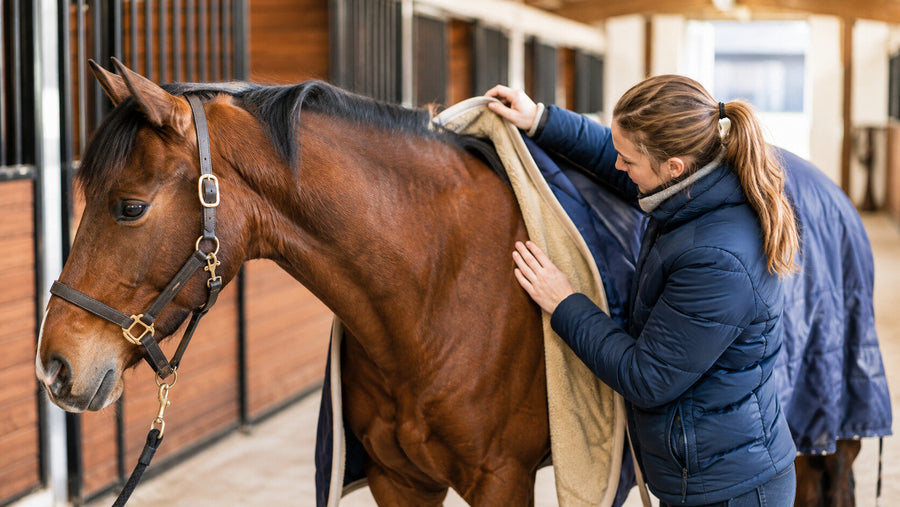 Caretaker checking blanket lining and the horse’s neck for friction