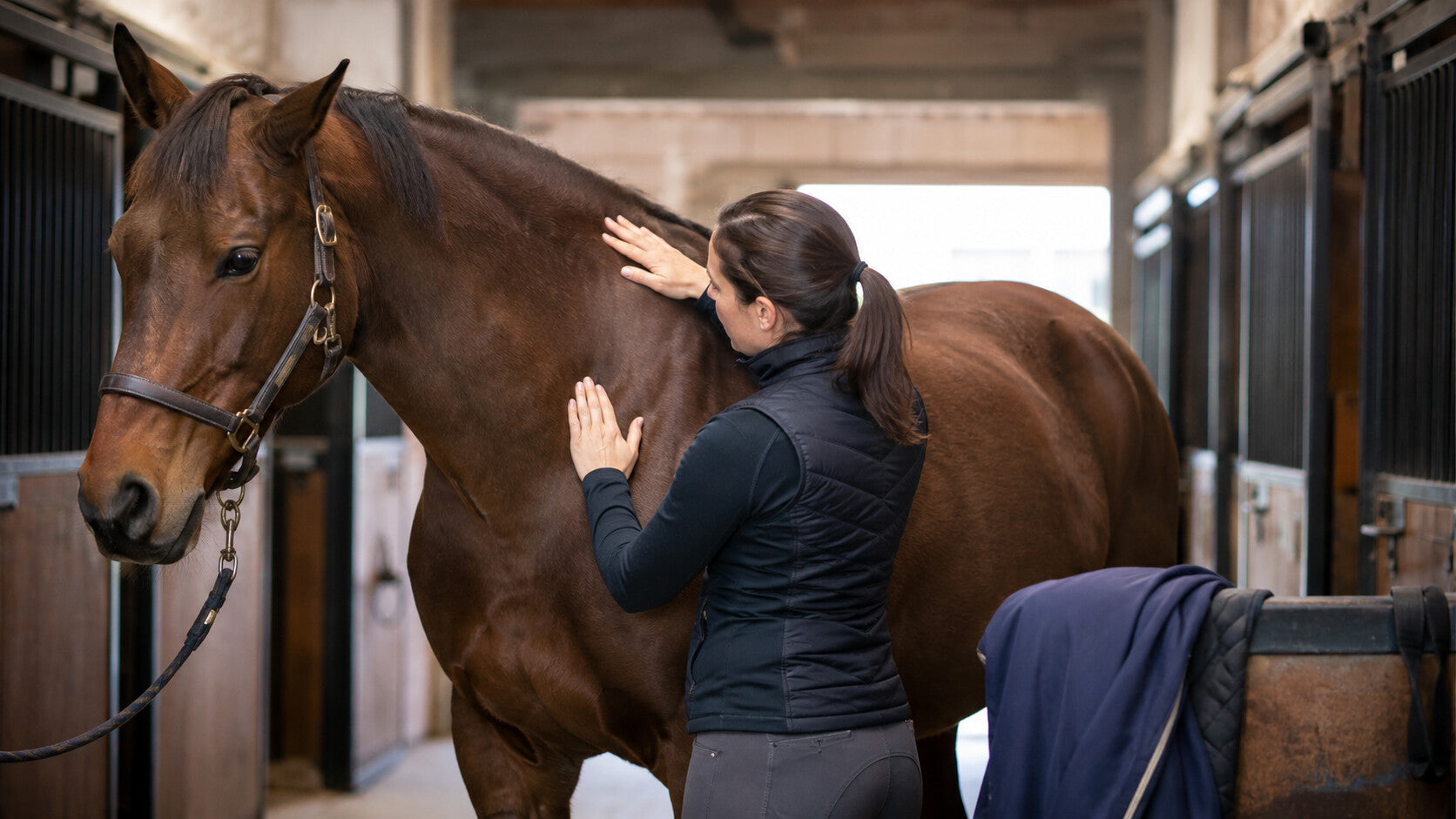 Horse owner checking the shoulder after removing a winter blanket