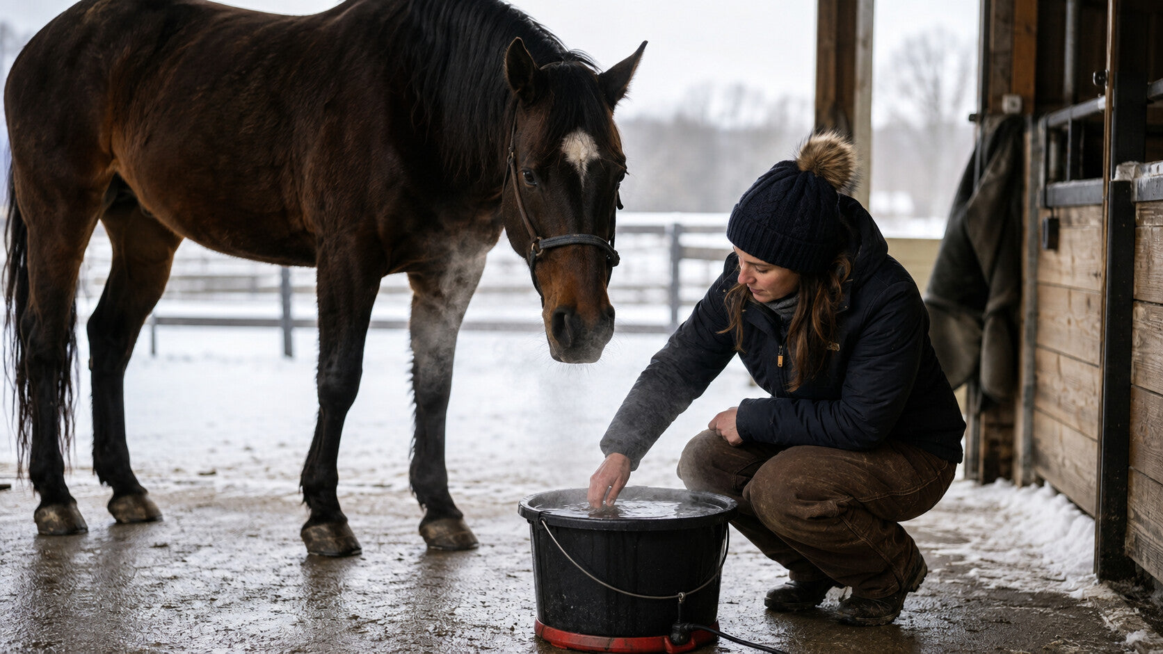 Horse owner checking a heated water bucket beside a winter stall