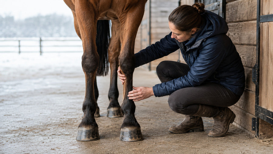 Caretaker comparing both fetlocks on a horse in a winter barn