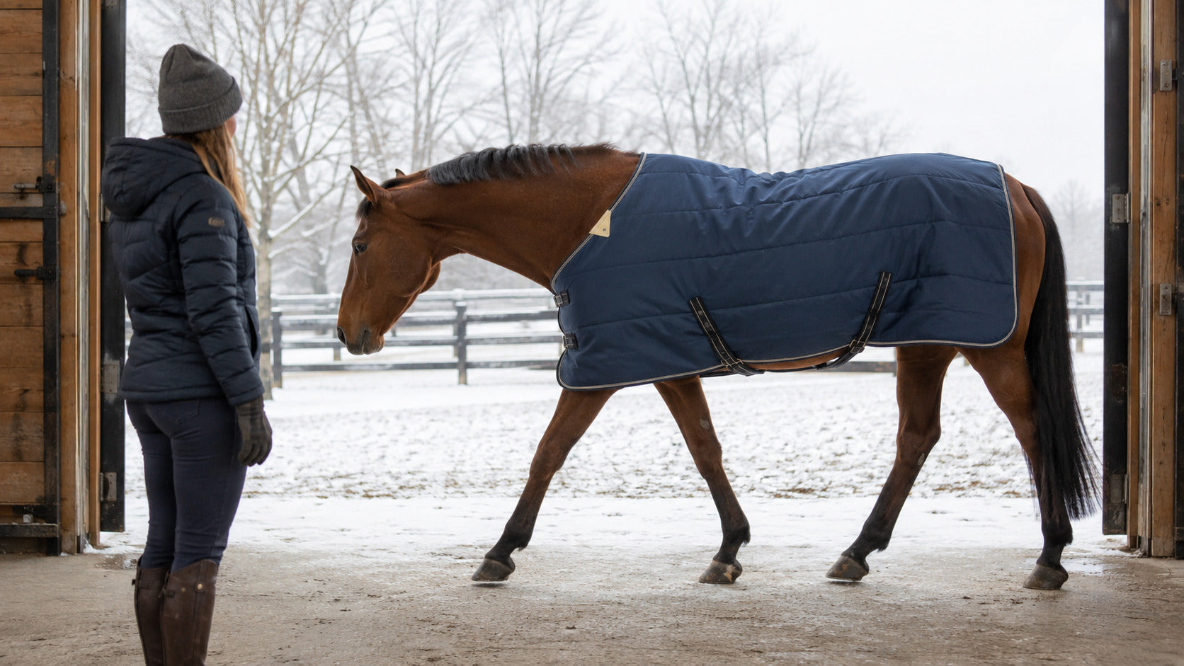 Horse owner watching shoulder movement while checking a winter blanket fit