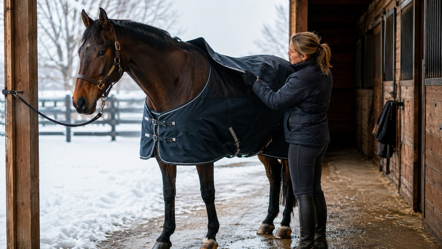 Horse owner changing a winter blanket and checking shoulder fit
