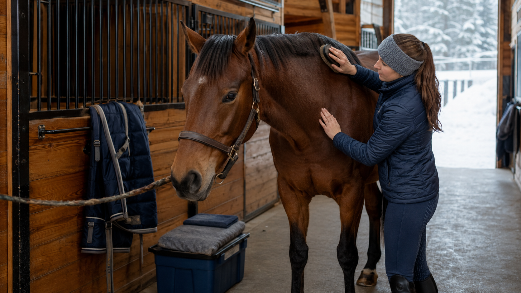 Rider brushing a horse's winter coat and checking blanket pressure areas in a barn