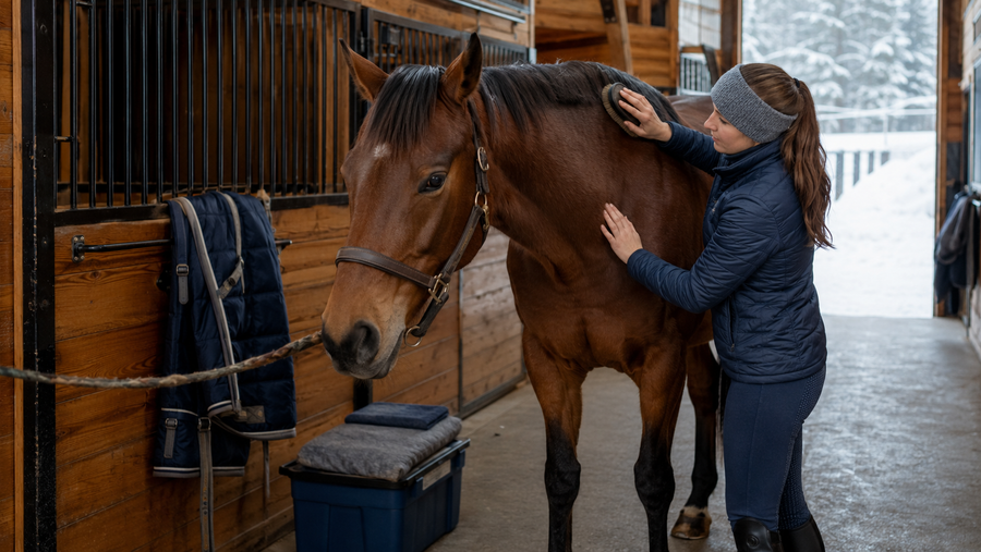 Rider brushing a horse's winter coat and checking blanket pressure areas in a barn