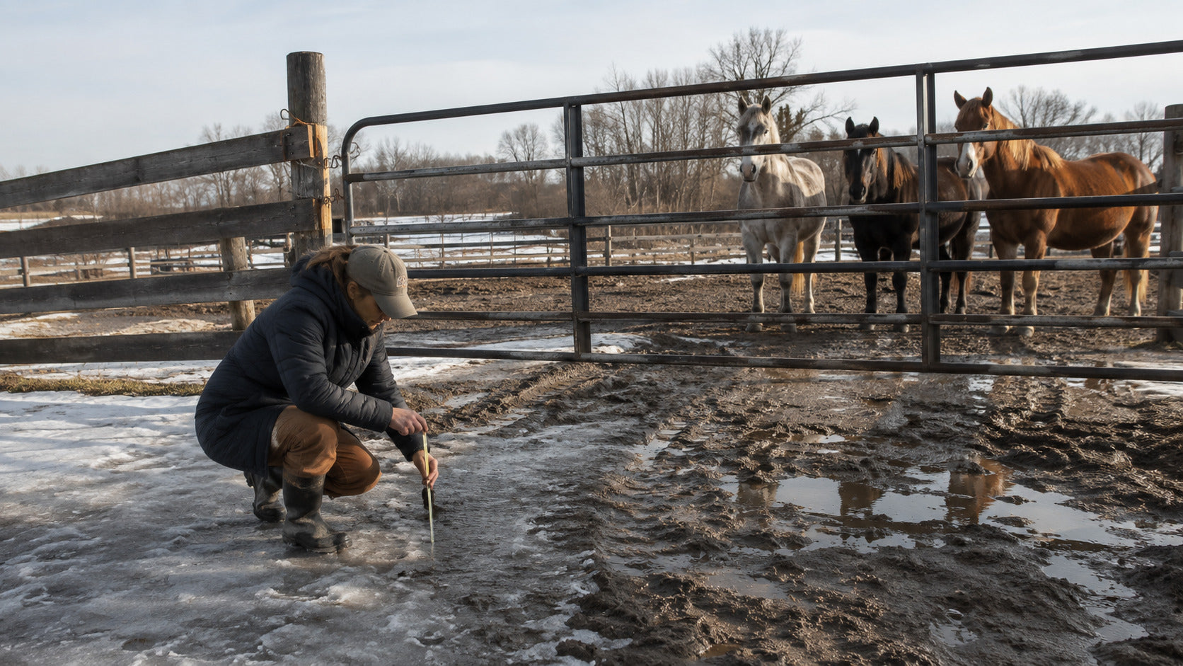 Barn manager inspecting muddy and frozen turnout during a thaw