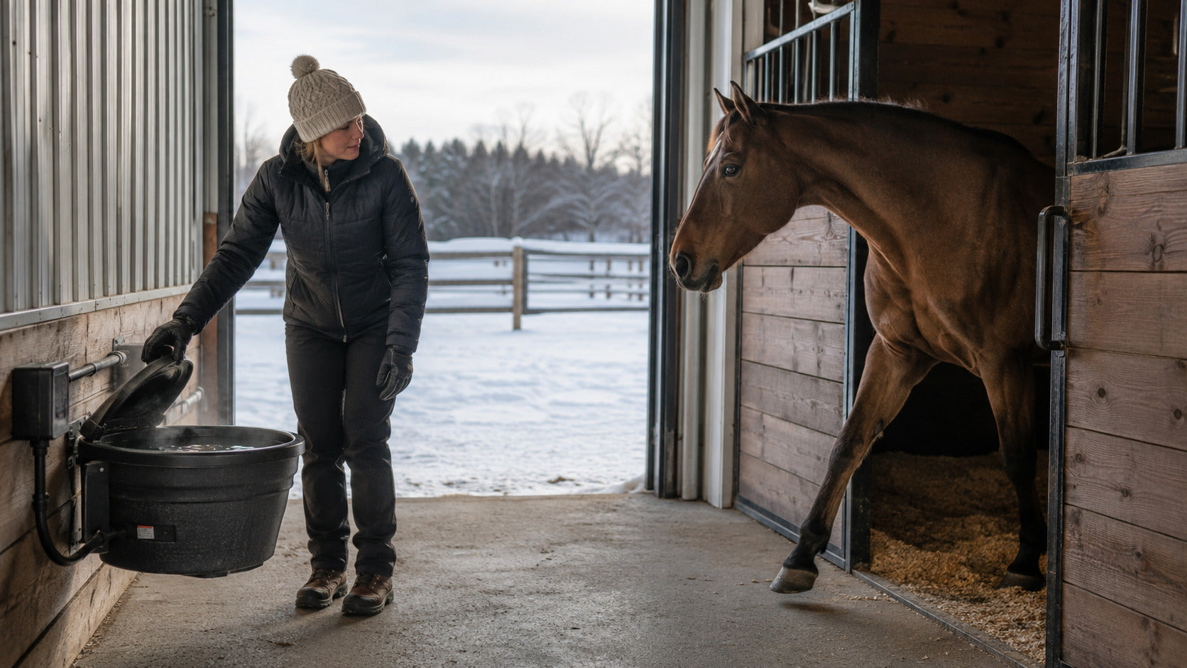 Horse owner checking winter water while observing a horse first steps