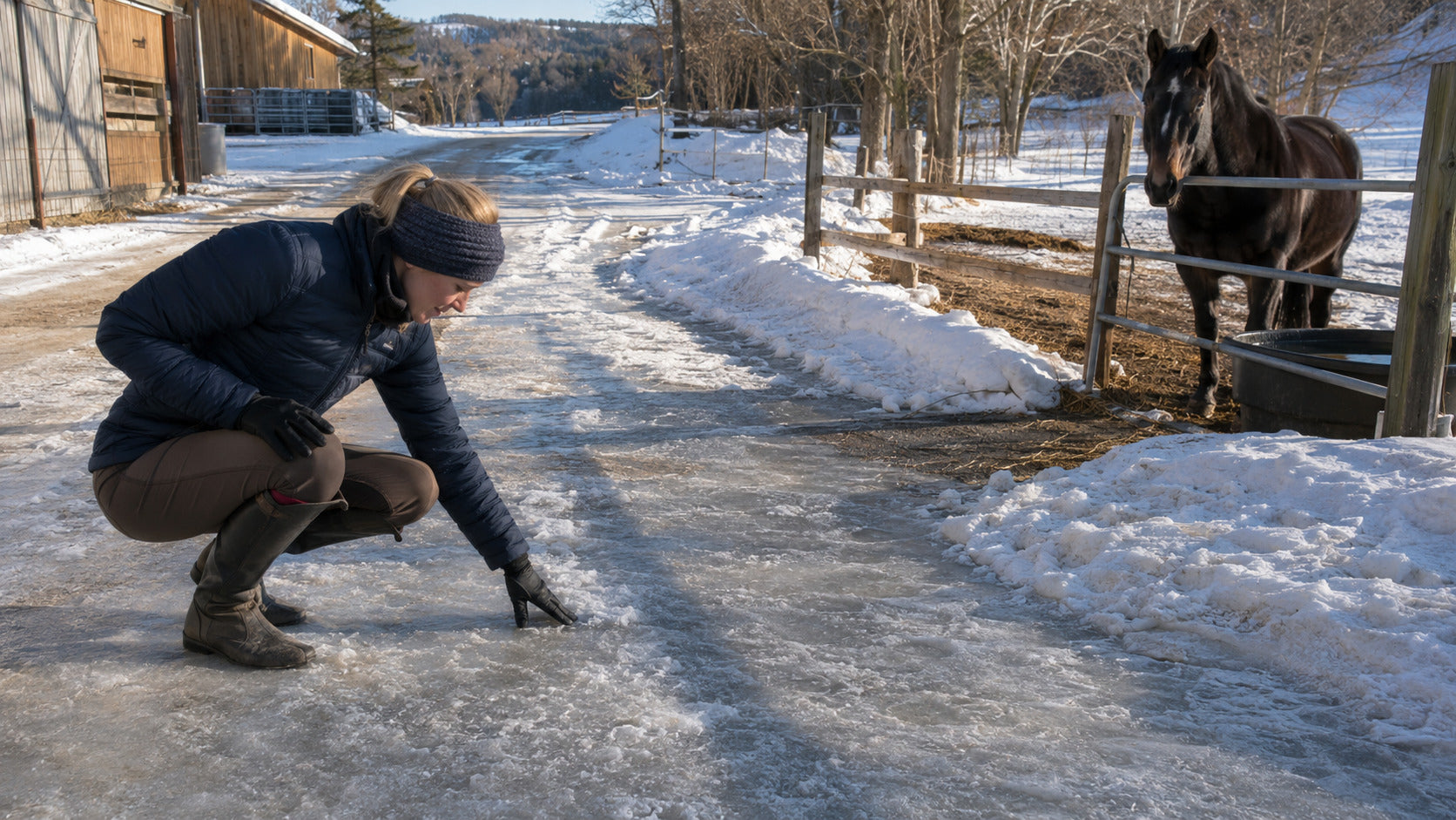 Horse owner testing packed snow and ice on a barn walking route