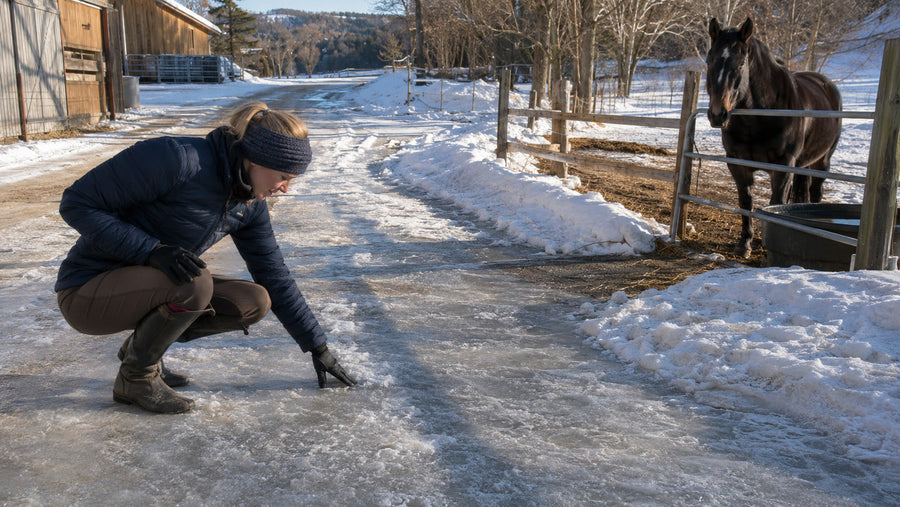 Horse owner testing packed snow and ice on a barn walking route