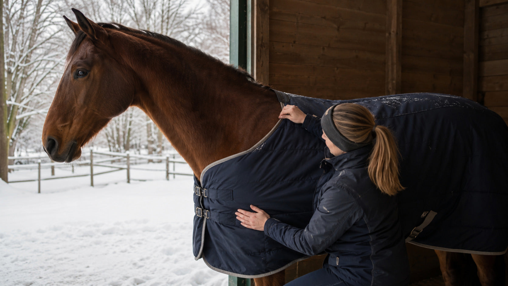 Horse owner checking winter blanket clearance around a horse neck and shoulder