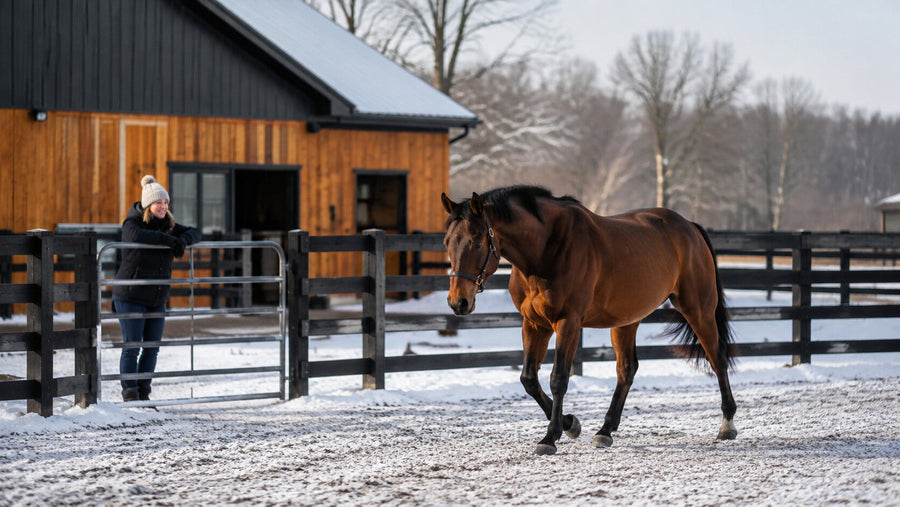 Horse walking quietly during winter turnout on a non-riding day
