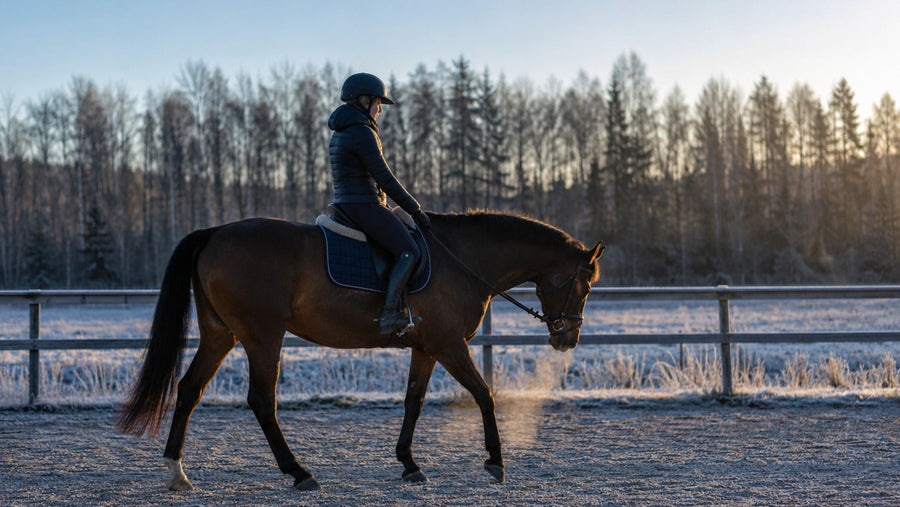 Horse and rider walking quietly outdoors during a cold clear winter morning
