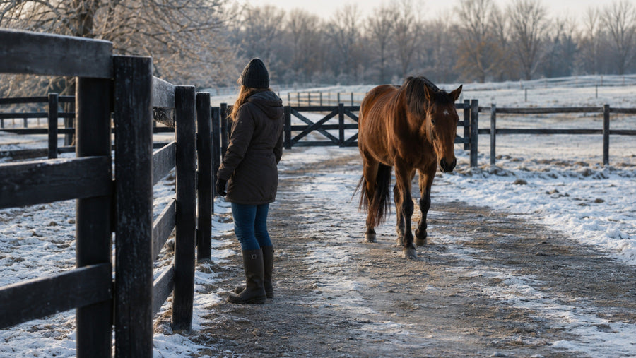 Horse walking calmly through a safe winter paddock with an owner checking footing