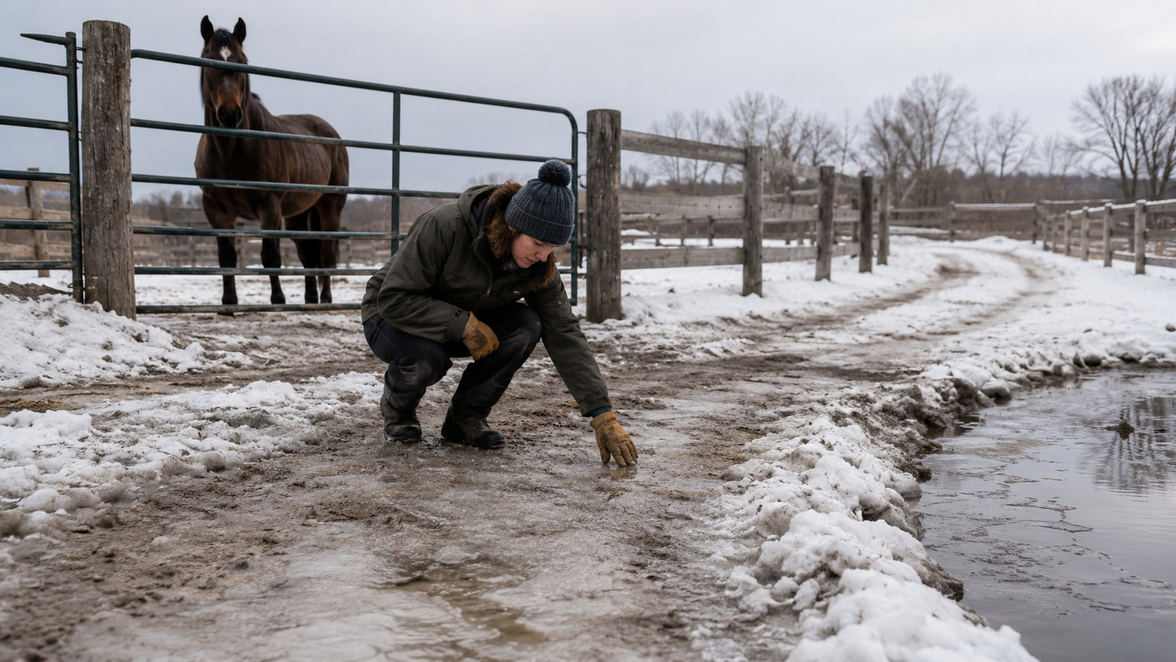 Barn manager inspecting a winter paddock gate and walking path