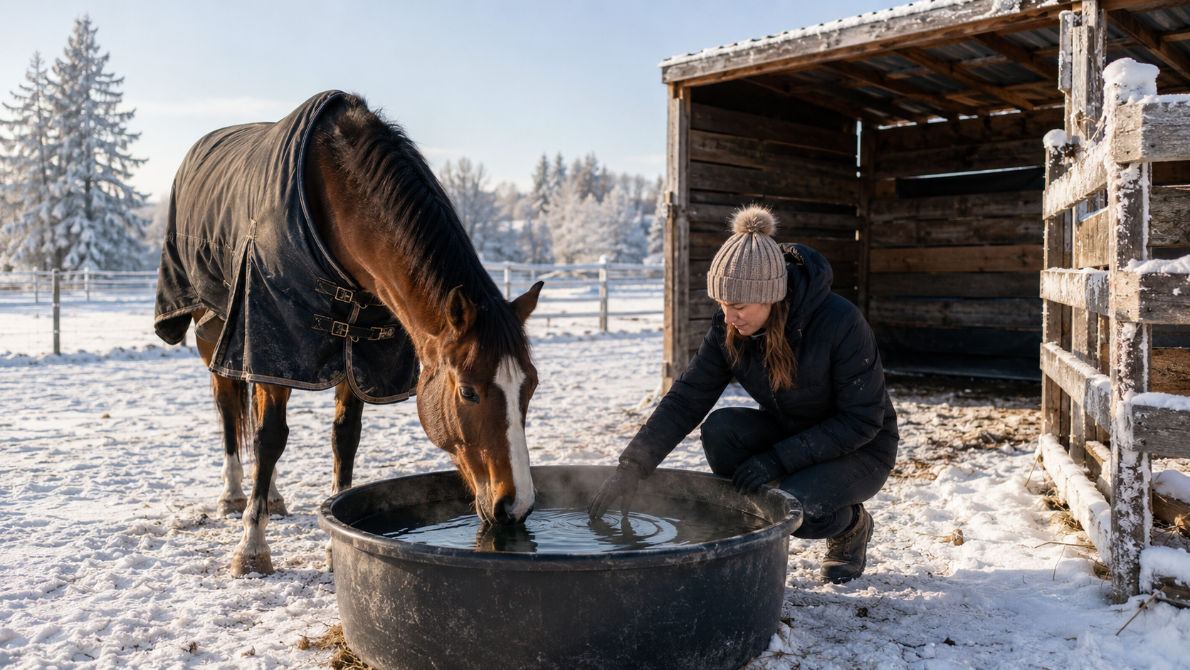 Horse drinking liquid water while an owner checks a winter trough