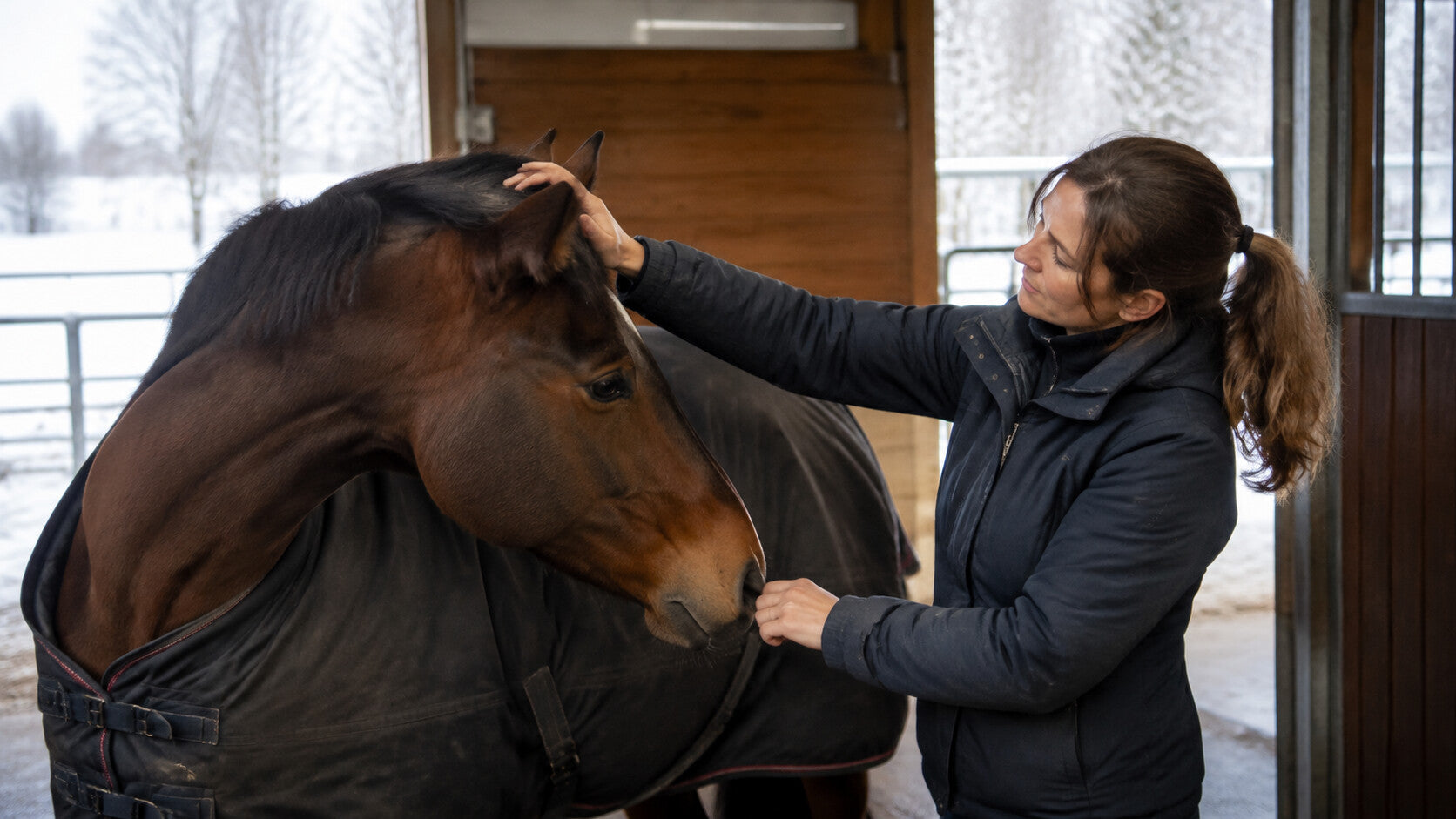 Handler checking a horse’s neck movement and blanket edge