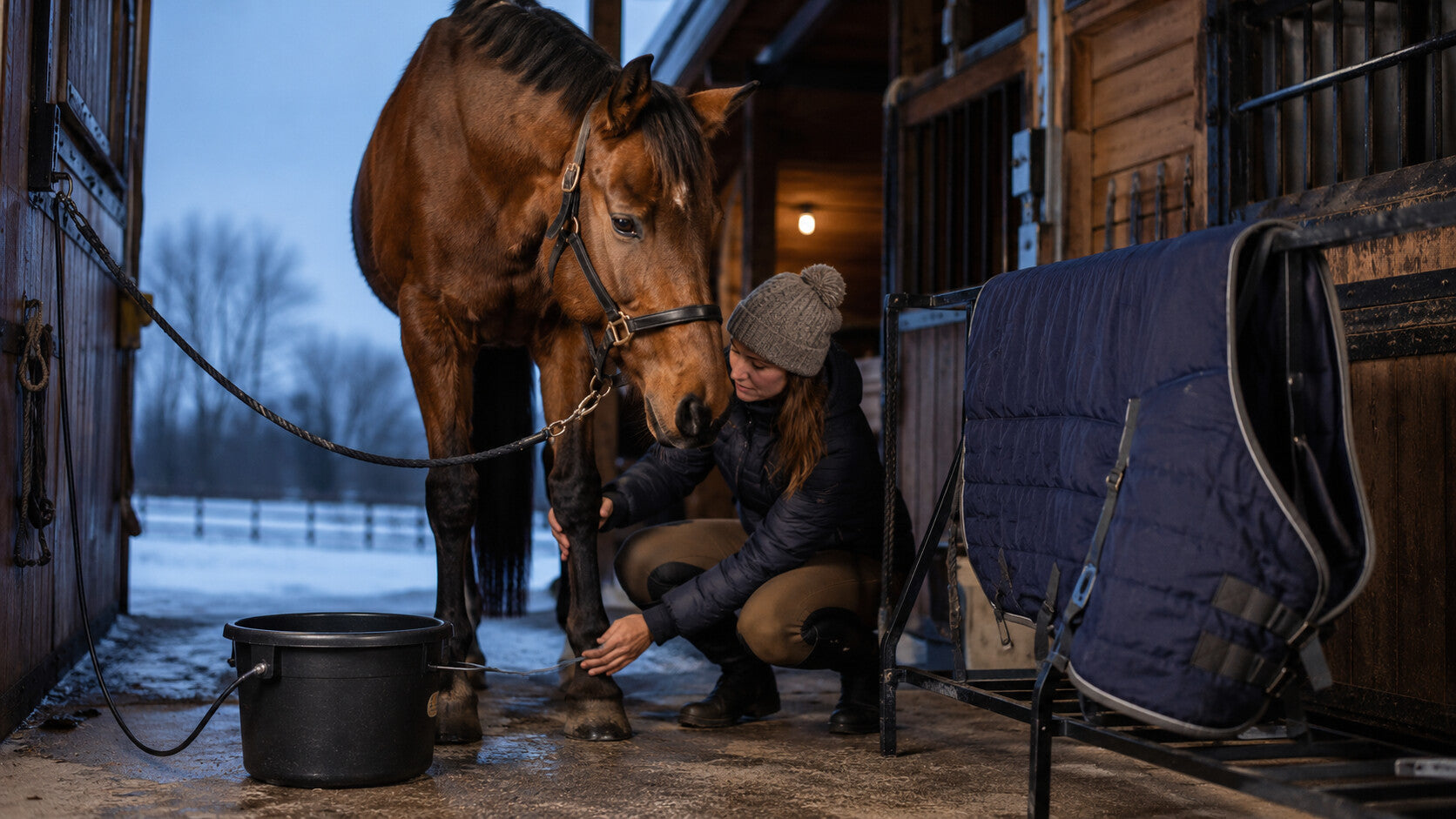 Horse owner preparing water, blanket, and leg-care supplies for winter