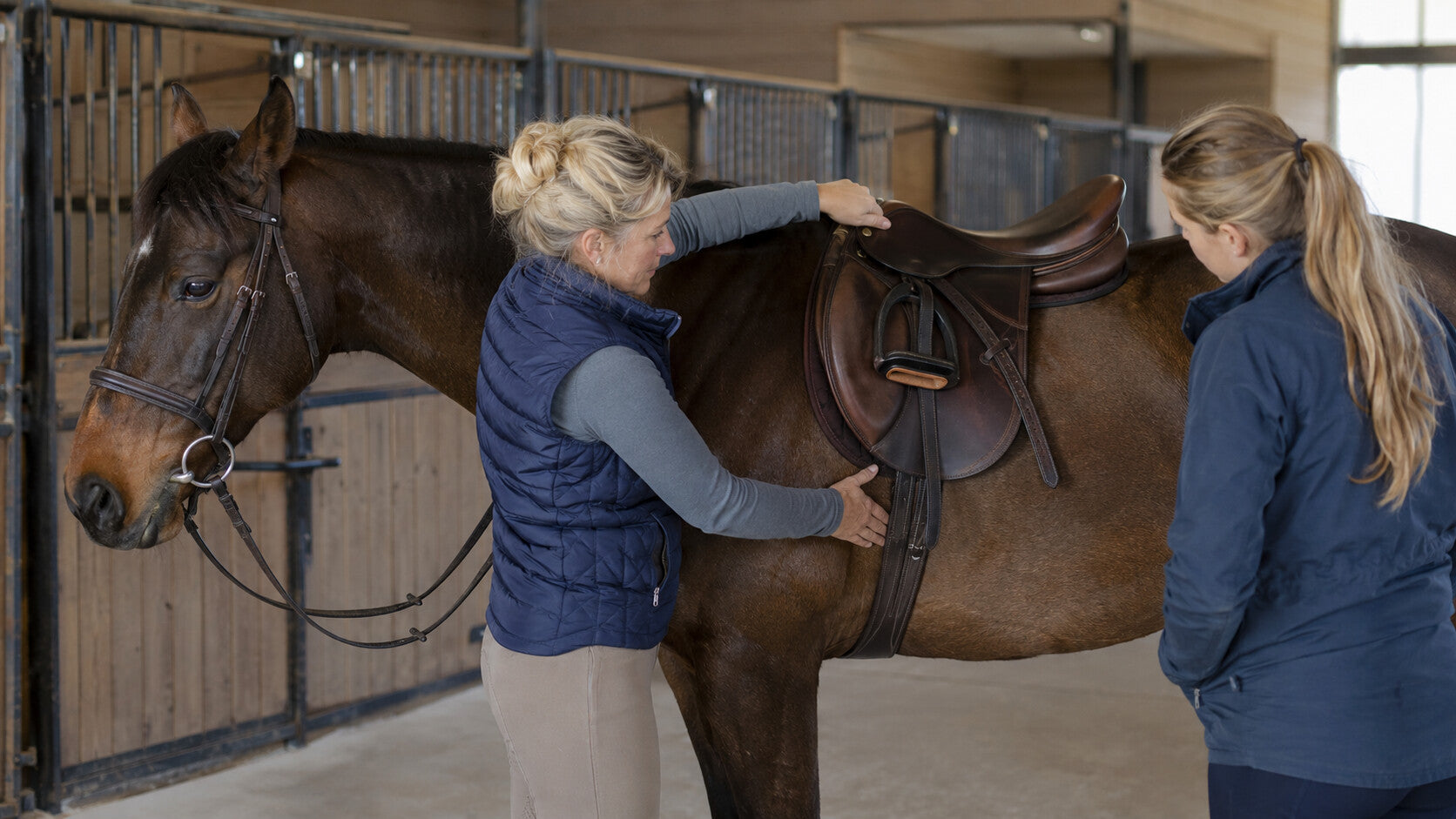 Saddle fitter checking balance and shoulder clearance on a horse