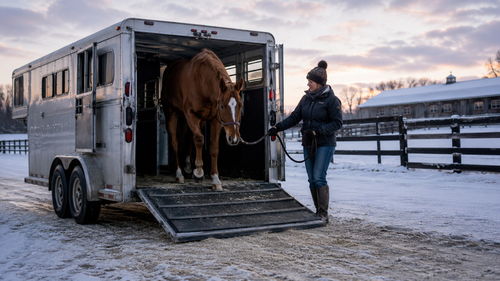 Horse unloading carefully from a trailer in winter