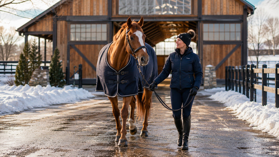 Horse walking beside a handler during a winter care routine