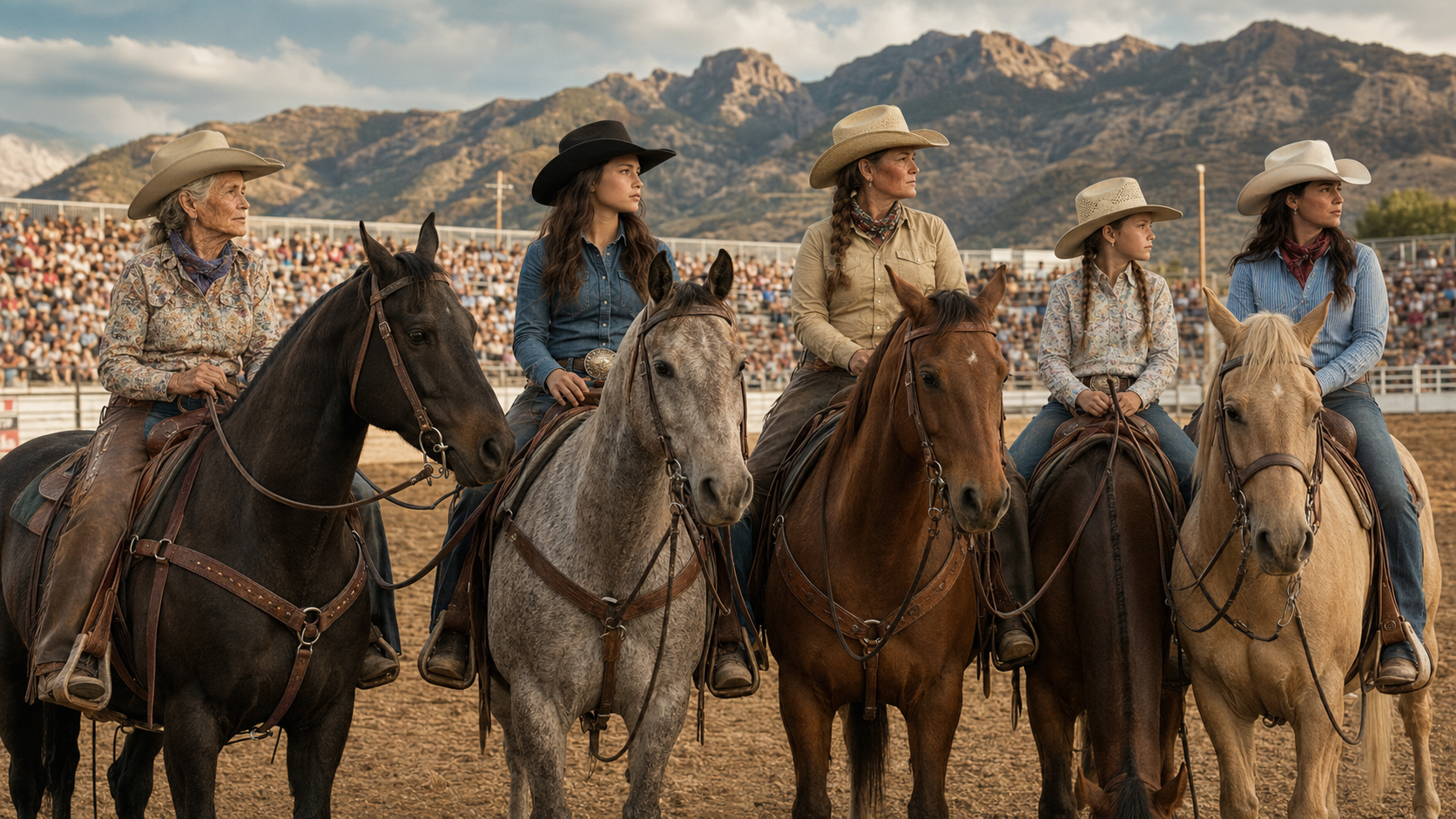 Multigenerational women riders gathered with horses in a rodeo arena