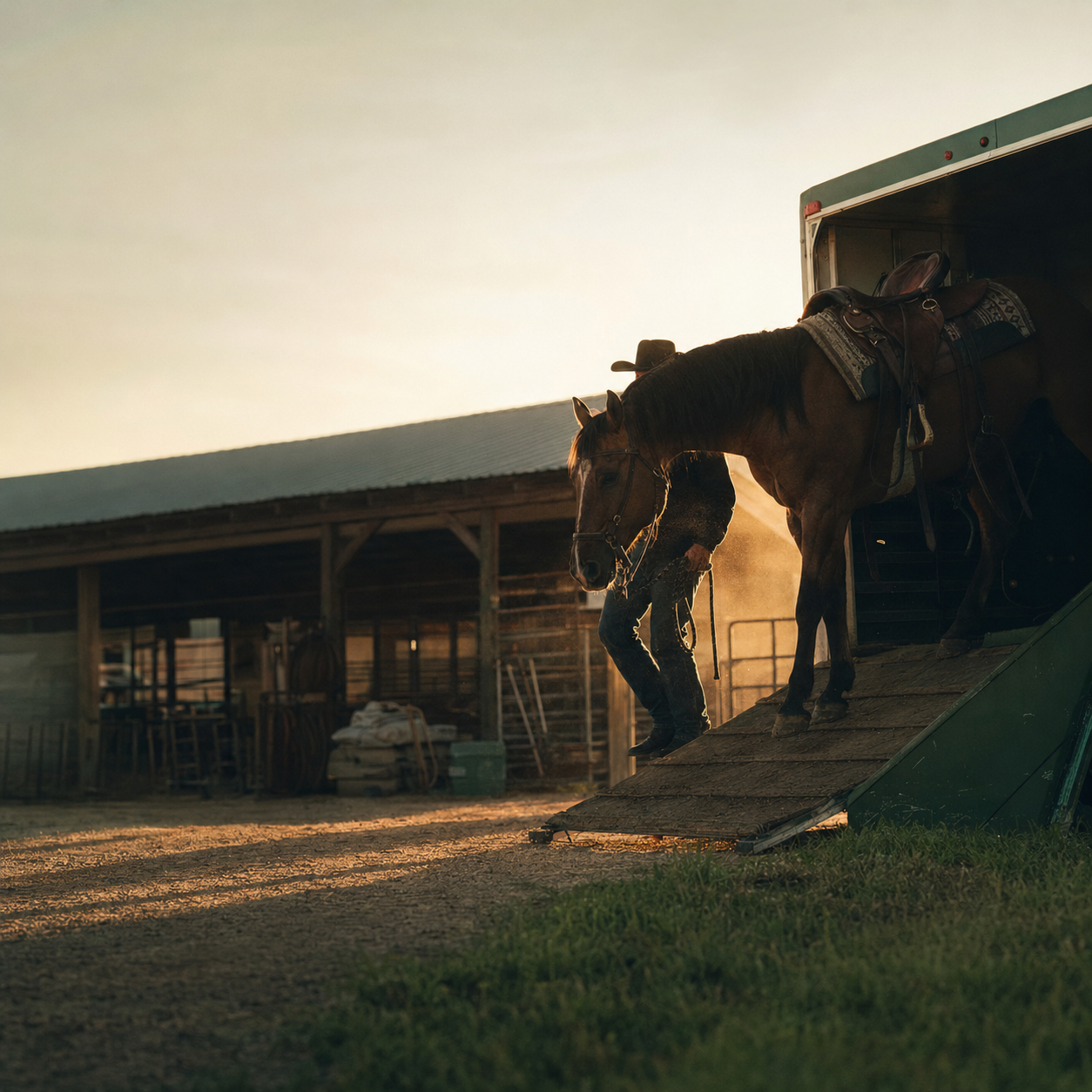 Performance horse unloading at a working barn at sunrise