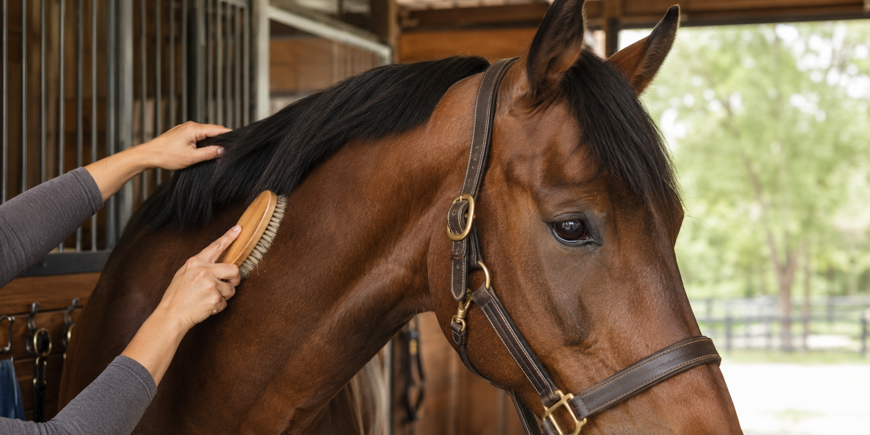 Horse being groomed in a working barn for the ShowBarn Secret® grooming collection