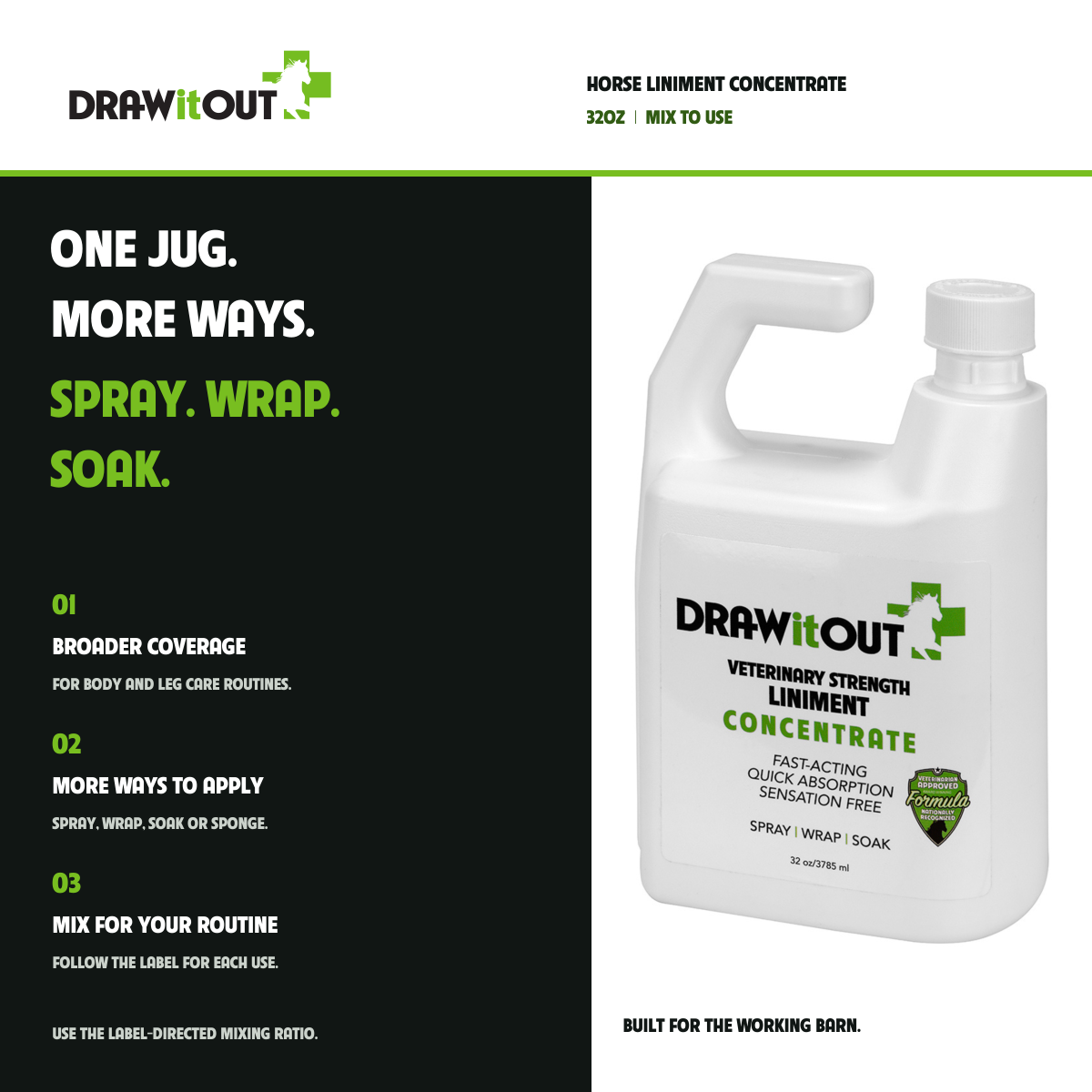HORSE LINIMENT CONCENTRATE: ONE JUG. MORE WAYS. SPRAY. WRAP. SOAK. BROADER COVERAGE FOR BODY AND LEG CARE ROUTINES.; MORE WAYS TO APPLY SPRAY, WRAP, SOAK OR SPONGE.; MIX FOR YOUR ROUTINE FOLLOW THE LABEL FOR EACH USE.