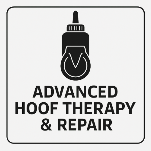 Logo for advanced hoof therapy and repair with a black bottle and hoof on a white background.