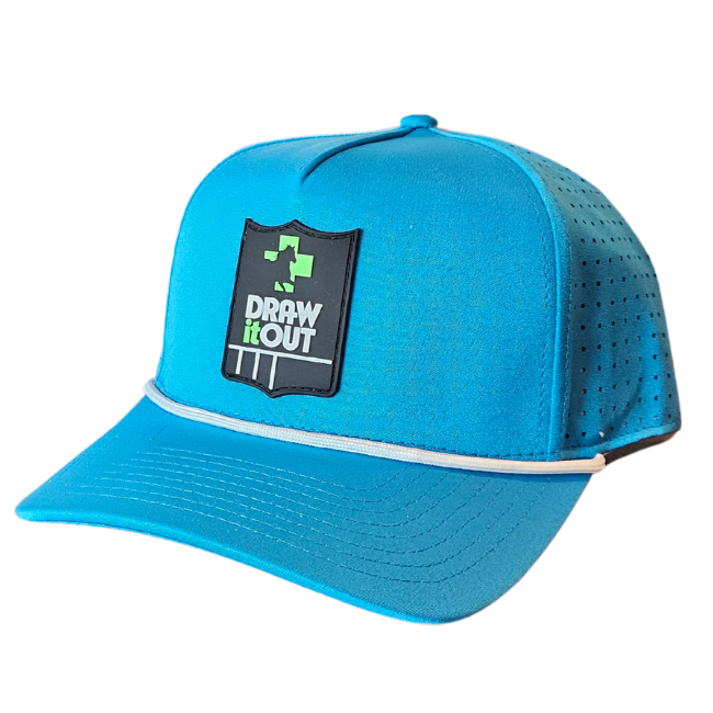 Draw It Out® Performance Snapback Hat in blue with mesh back and rope detail – breathable and adjustable equestrian cap.

