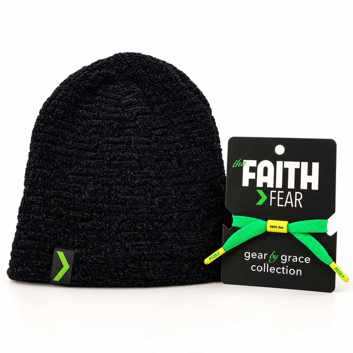 Faith > Fear bundle with one black knit beanie and one Hope Green LaceBand bracelet on its retail card