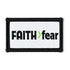 Faith > Fear adhesive hat patch with a black border, white woven face and green greater-than symbol