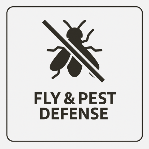 Logo for Fly & Pest Defense with crossed-out insects on a white background