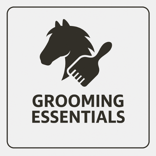 Logo with a horse head and brush silhouette above the text 'Grooming Essentials' on a light gray background.