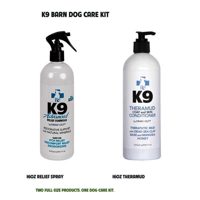 K9 Barn Dog Care Kit: one 16oz K9 Advanced Relief Spray and one 16oz K9 TheraMud skin and coat conditioner, shown together.