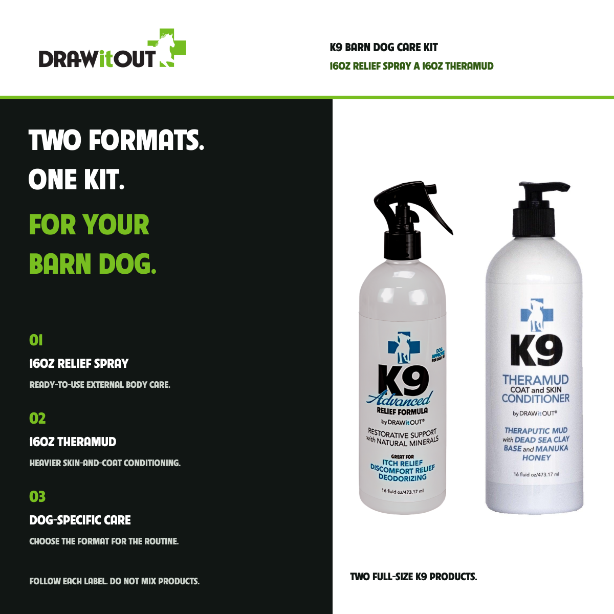 K9 BARN DOG CARE KIT: TWO FORMATS. ONE KIT. FOR YOUR BARN DOG. 16OZ RELIEF SPRAY READY-TO-USE EXTERNAL BODY CARE.; 16OZ THERAMUD HEAVIER SKIN-AND-COAT CONDITIONING.; DOG-SPECIFIC CARE CHOOSE THE FORMAT FOR THE ROUTINE.
