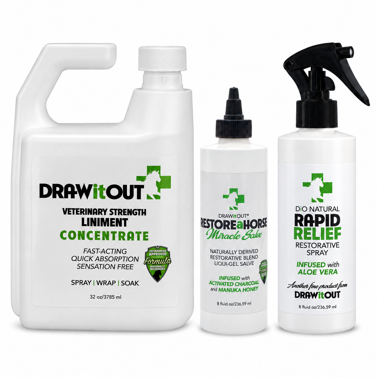 October Monthly Barn Pick with one 32oz Concentrate jug, one RESTOREaHORSE 8oz bottle, and one Rapid Relief Restorative Spray 8oz bottle on white