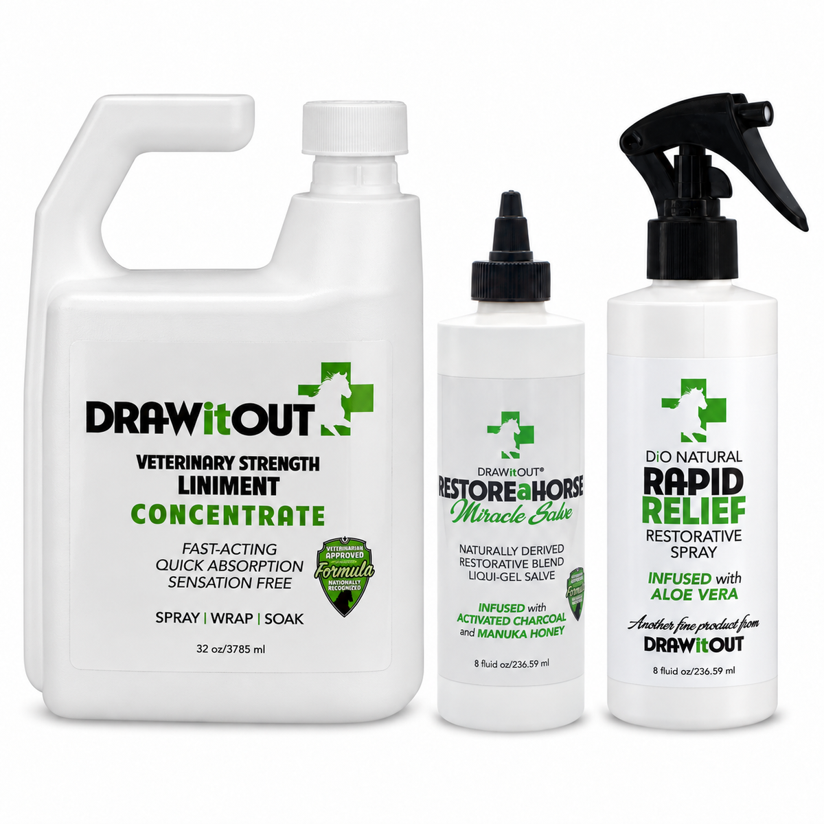 October Monthly Barn Pick with one 32oz Concentrate jug, one RESTOREaHORSE 8oz bottle, and one Rapid Relief Restorative Spray 8oz bottle on white