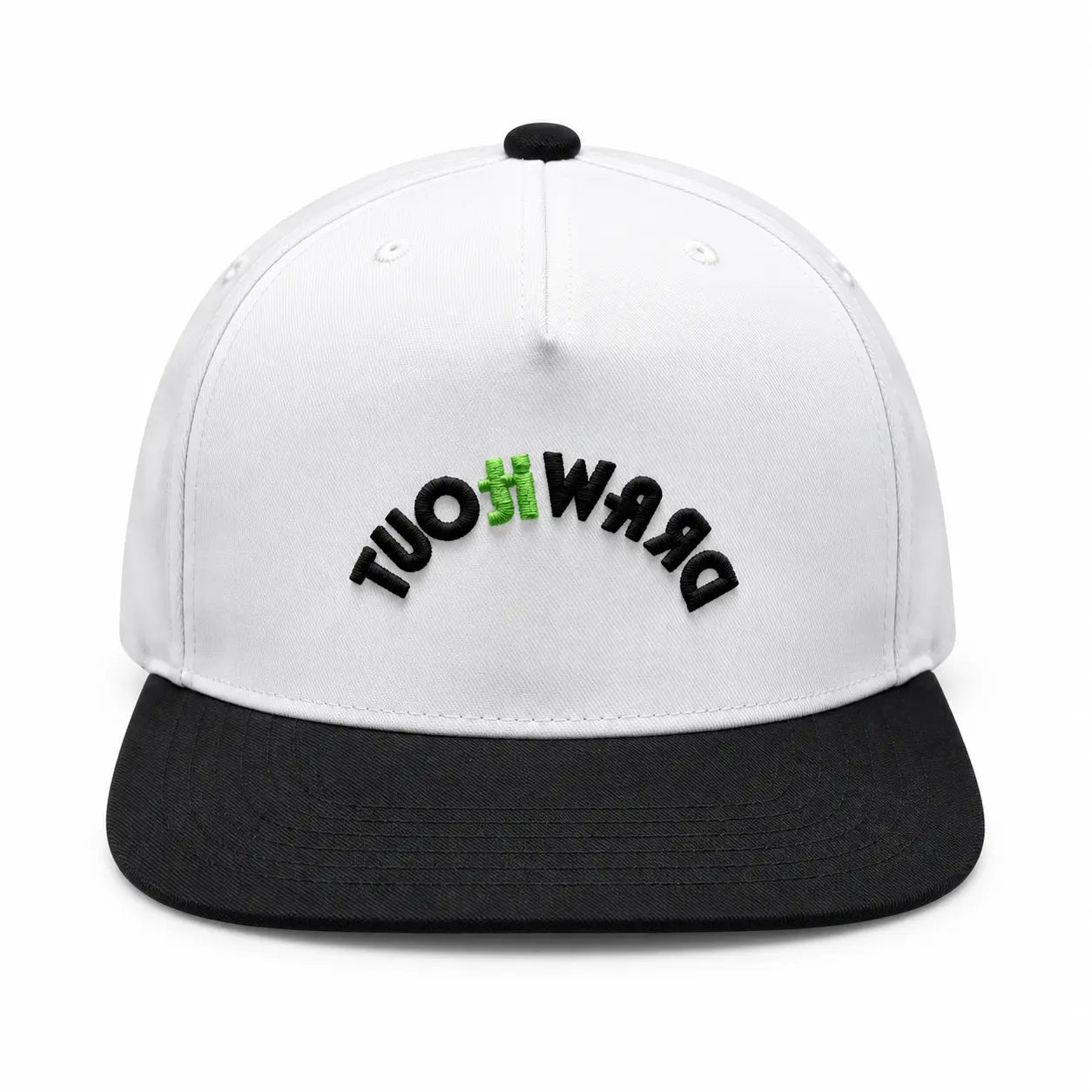Posty snapback hat with white crown, black bill, and inverted Draw It Out® embroidery on a white background