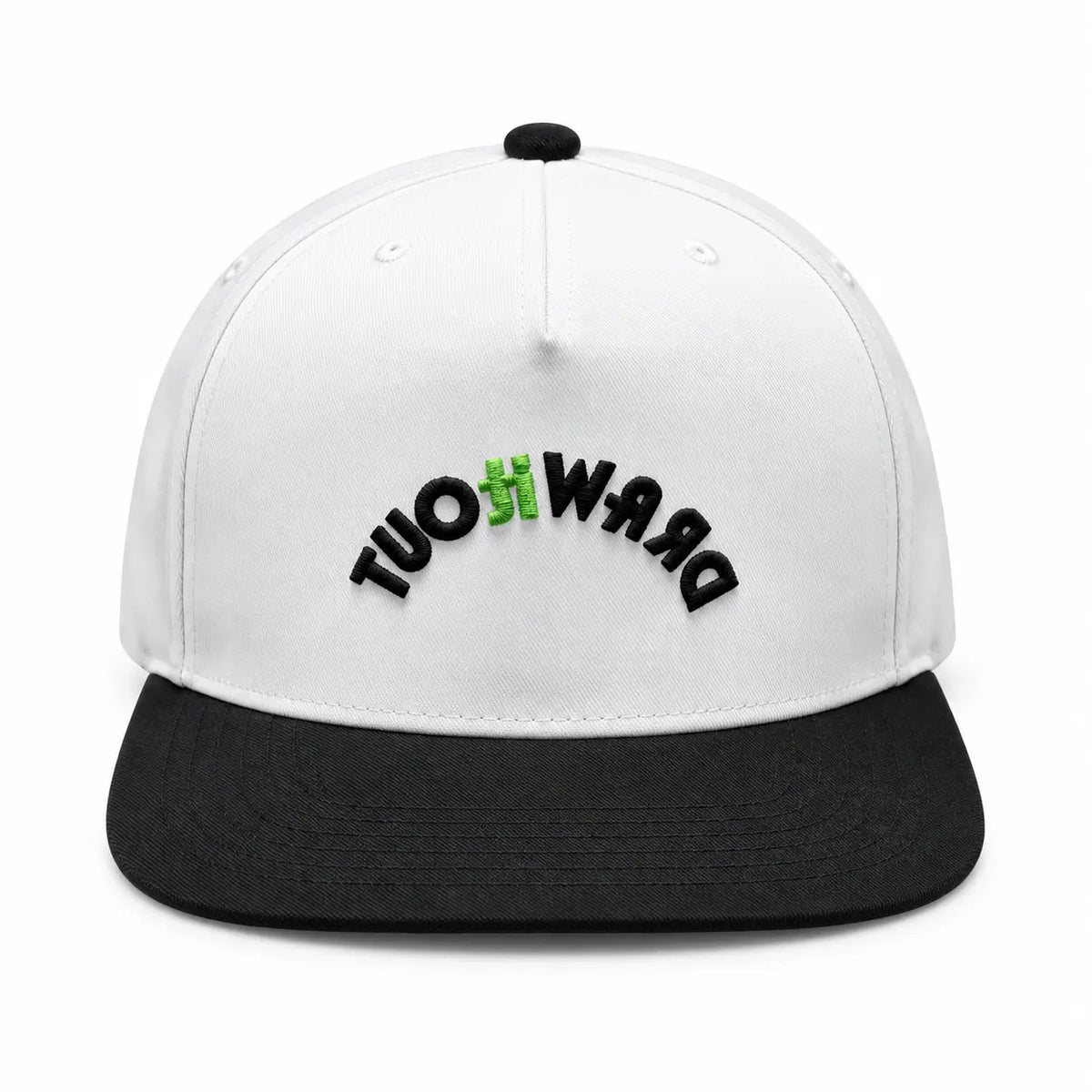 Posty snapback hat with white crown, black bill, and inverted Draw It Out® embroidery on a white background