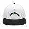 Posty snapback hat with white crown, black bill, and inverted Draw It Out® embroidery on a white background