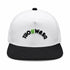 Posty snapback hat with white crown, black bill, and inverted Draw It Out® embroidery on a white background